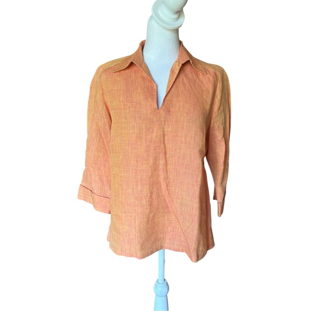 Richard Malcolm Irish Linen Blouse Top Side Buttons Orange Womens Medium Petite